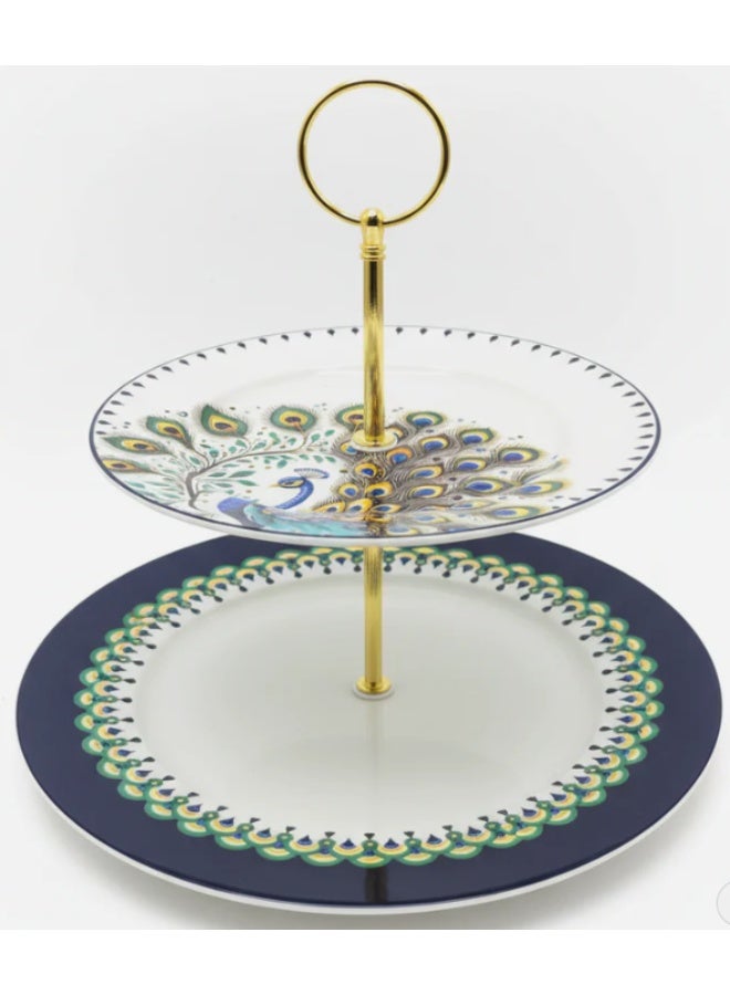 AKDC Luhpar White Ceramic 2 Tier Cake Stand 7.5 / 10.5 Inch with Peacock Design - Image 1